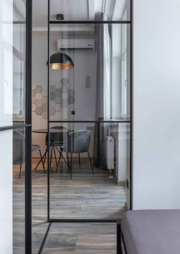 Room interior with glass wall at home